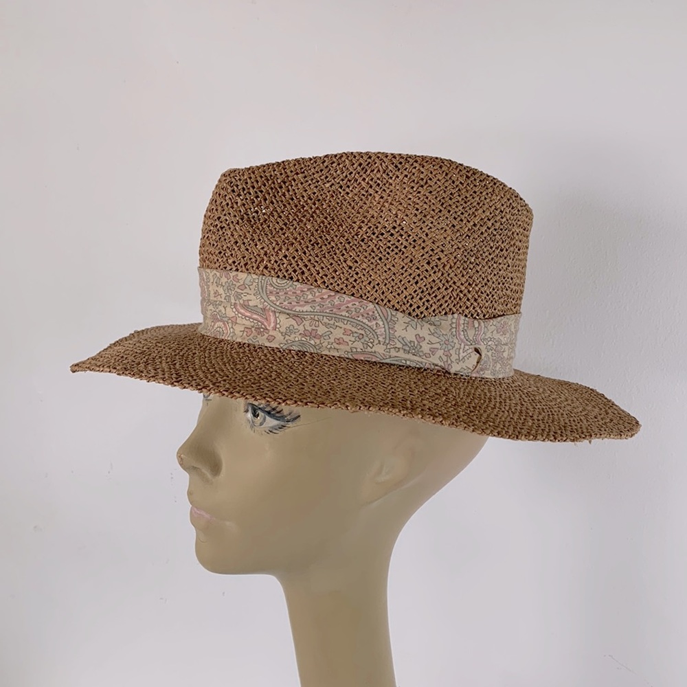 Straw Panama Summer Women’s Size M Made in USA Paisley Tucked Ribbon Casual Hat
